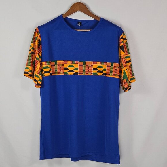 Luc Matton XL Blue Kente Cloth Dashiki Style Tee African Heritage Tribal Print - Picture 1 of 11